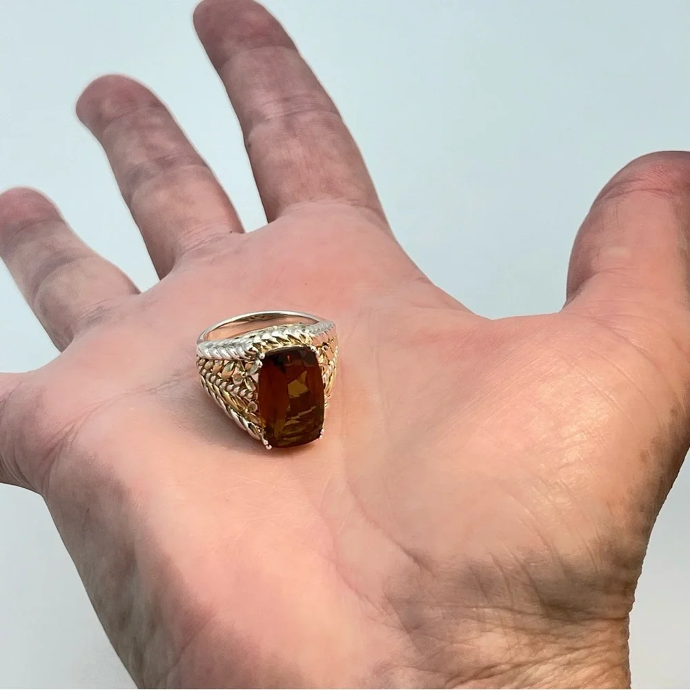 Silver Citrine & Gold Tone Ring | Large Faceted Gem Stone | 925 Sterling